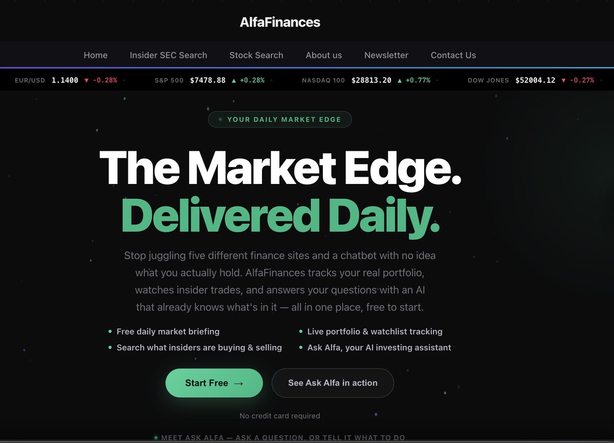 AlfaFinances homepage showing live market indices