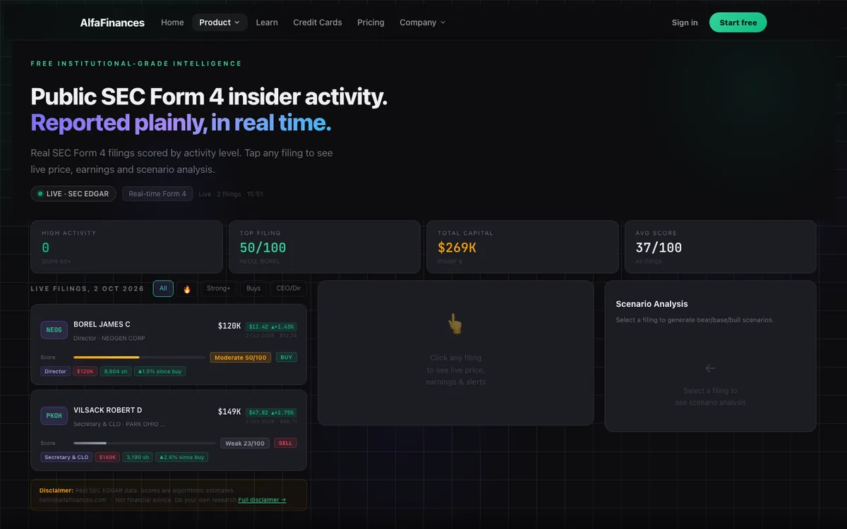 AlfaFinances insider page showing live SEC Form 4 filings with a score, role, value and share count