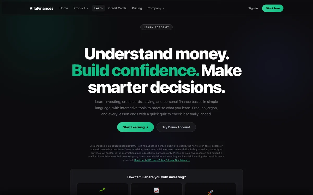 AlfaFinances Learn Academy home page with a prompt asking how familiar you are with investing