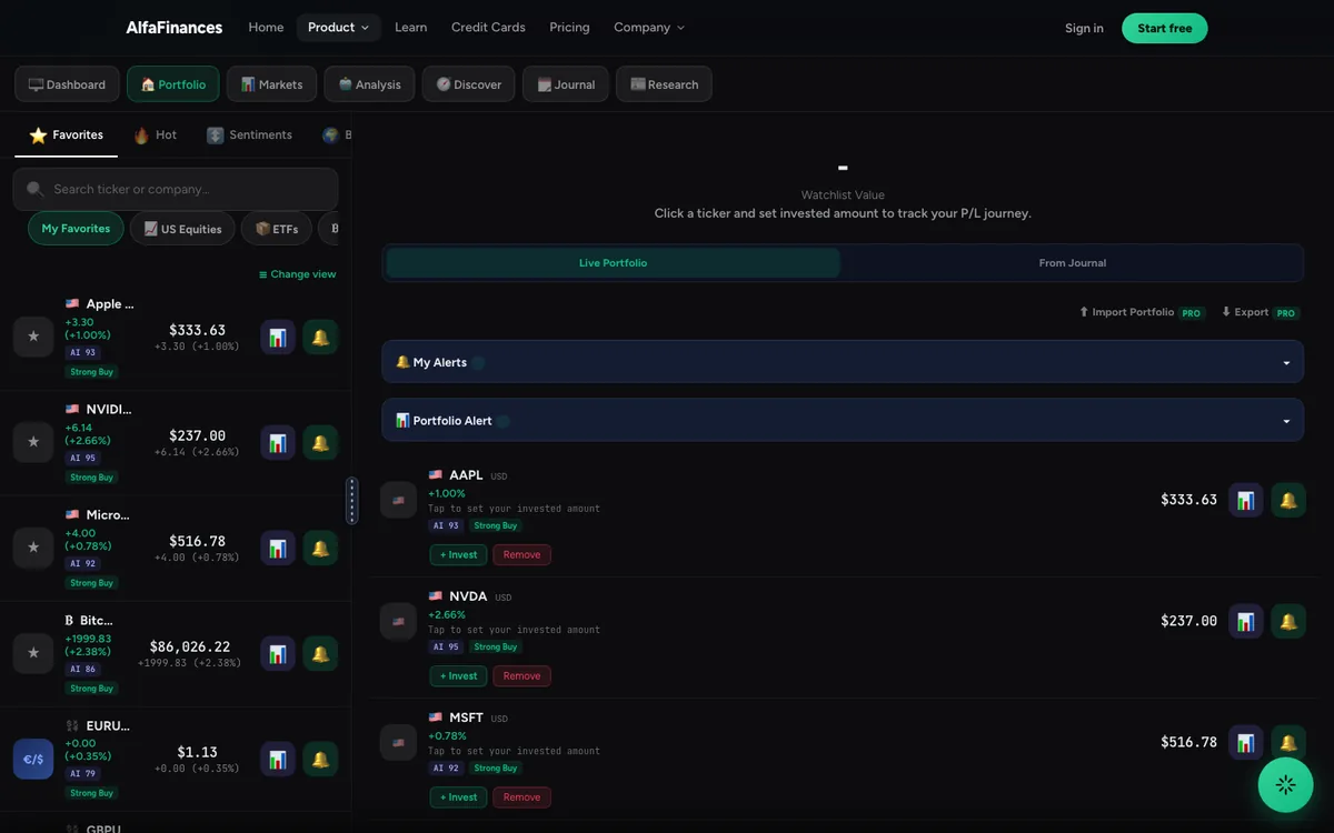 AlfaFinances dashboard showing the My Alerts and Portfolio Alert sections above the watchlist